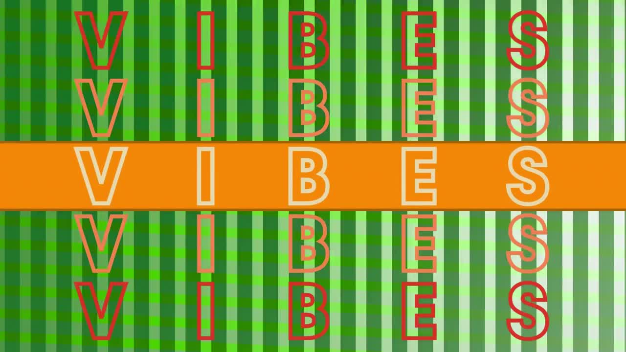 초록색 반 ⁇ 이는 메시 위에 오렌지색 줄무 ⁇ 로 반복되는 좋은 바이브 텍스트의 애니메이션
