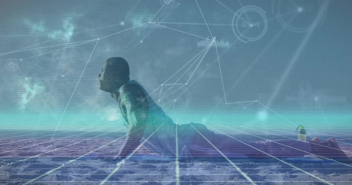 Animação de rede de conexões sobre um homem afro-americano em forma realizando um exercício de flexão.