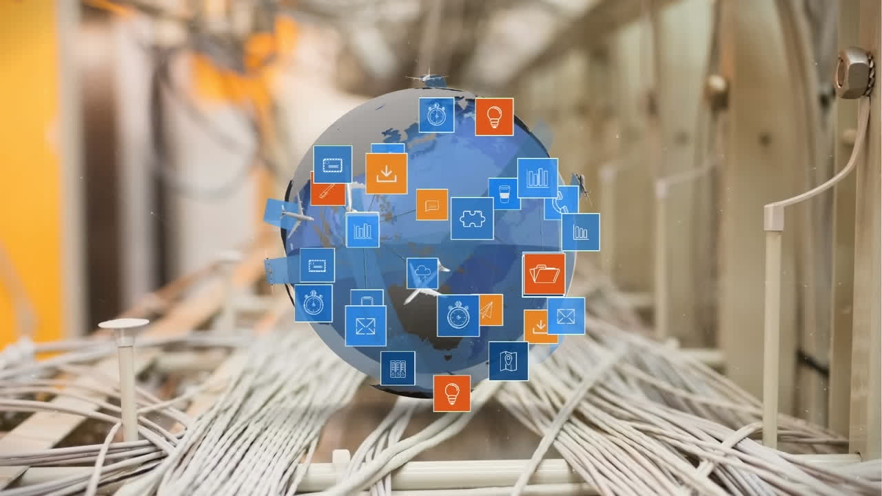 animación de múltiples iconos sobre aviones que vuelan alrededor del mundo contra cables enredados en el fondo