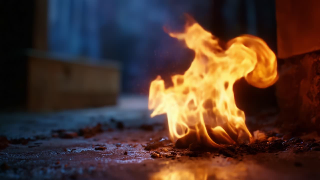 Immagini dinamiche di fiamme che eruttano dal suolo, che catturano l'intensità del fuoco e i suoi colori vibranti in un ambiente interno spettacolare
