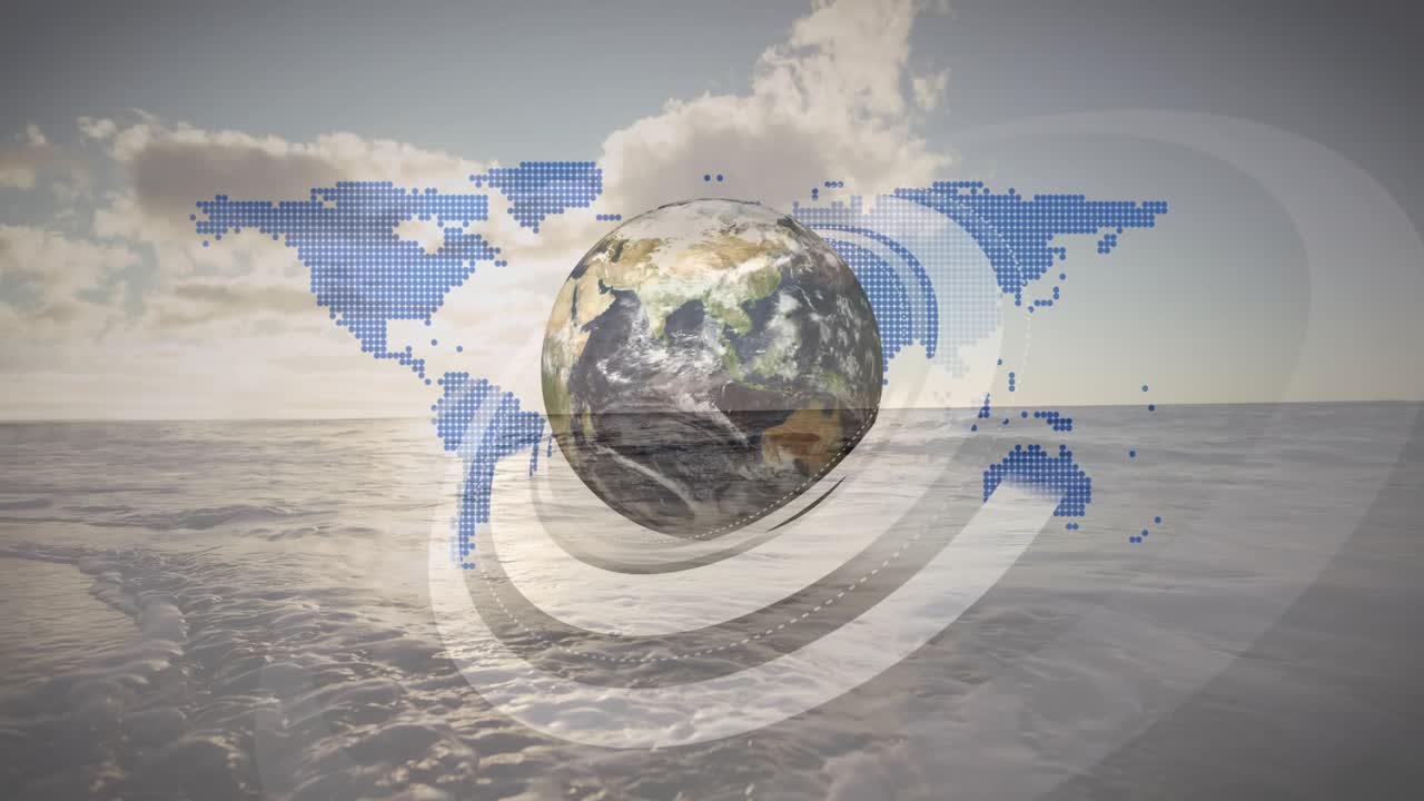 Veil fading, 3D Earth emerging, rings forming, globe rotating, dotted map brightening showing links