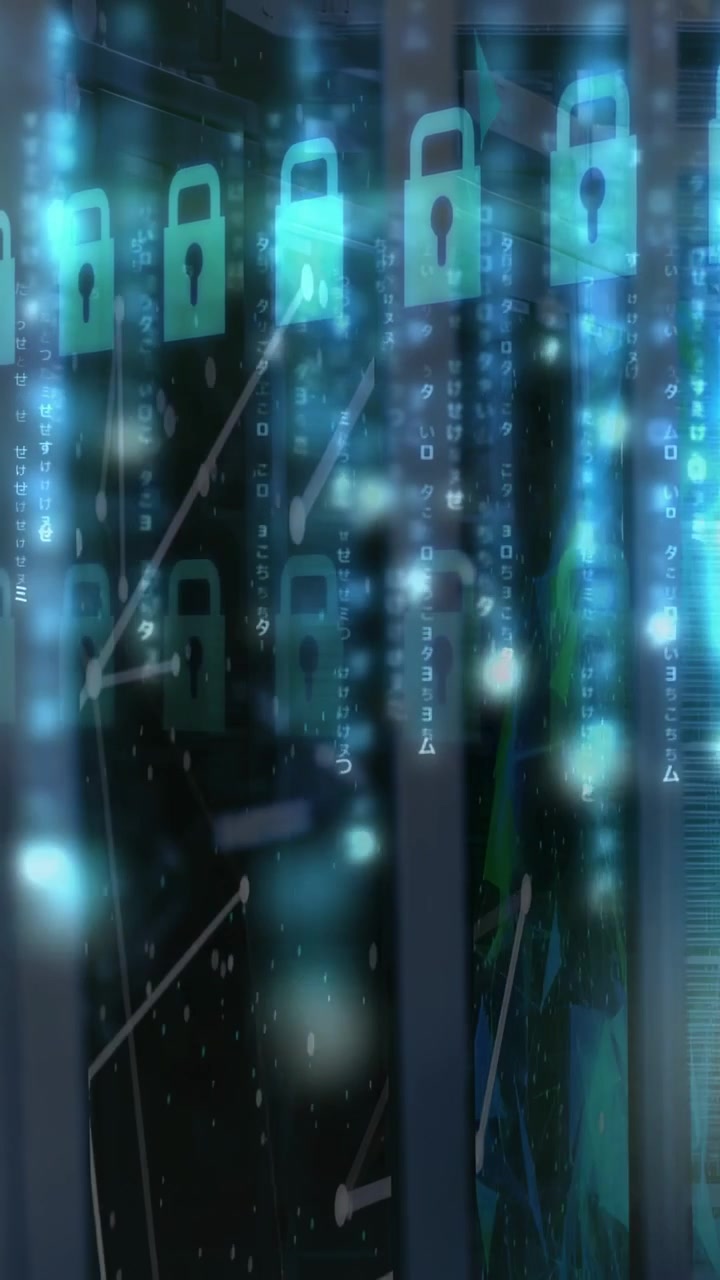 Vertical video: Clear panels sending teal beam causing code flowing and locks filling for security