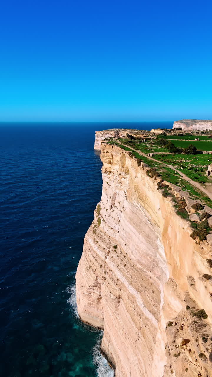 White cliffs and amazing blue waterscape. Picturesque scenery of the shore in Malta, Europe. Vertical video.