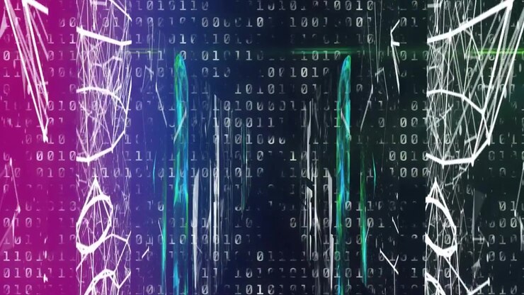 Animation of network of connections over data processing on black background