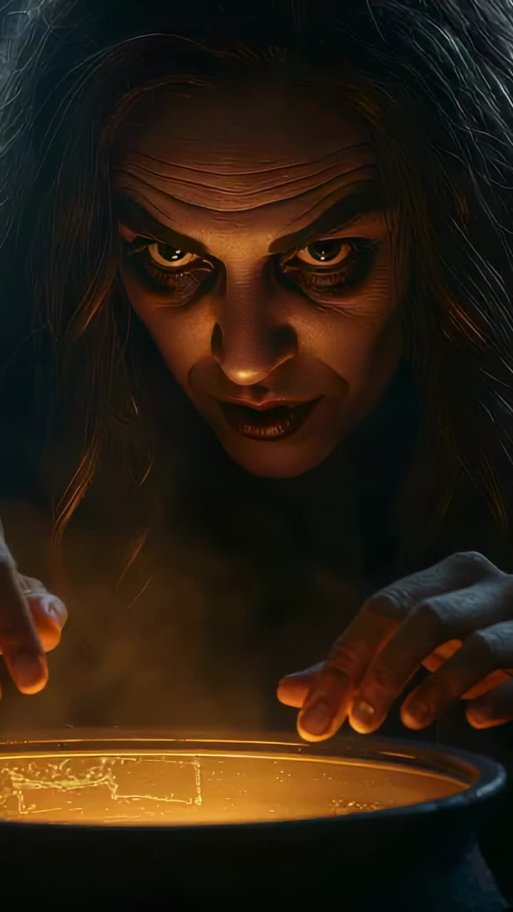 Vertical video: Watching cloaked witch over cauldron as brew bubbling in chamber, crafting potion