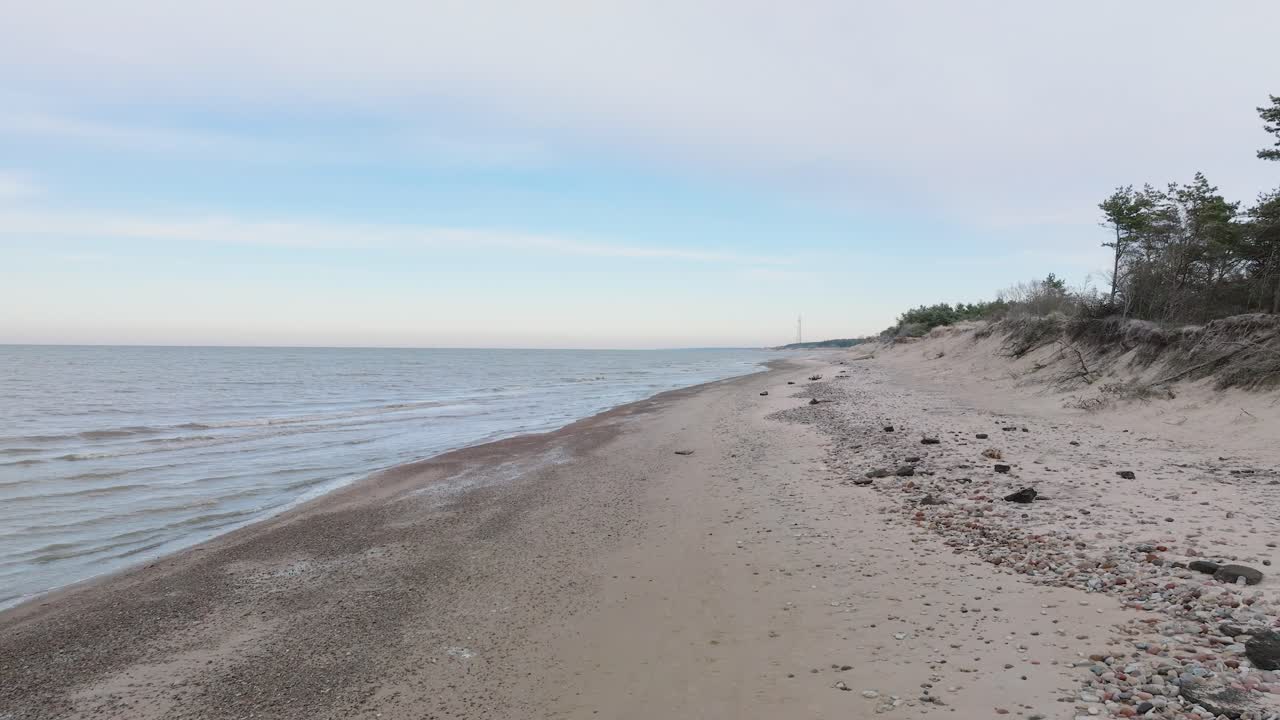 Beautiful aerial establishing view of Baltic sea coast, overcast winter day, calm beach with white sand, pine tree forest, coastal erosion, climate changes, low wide drone shot moving forward