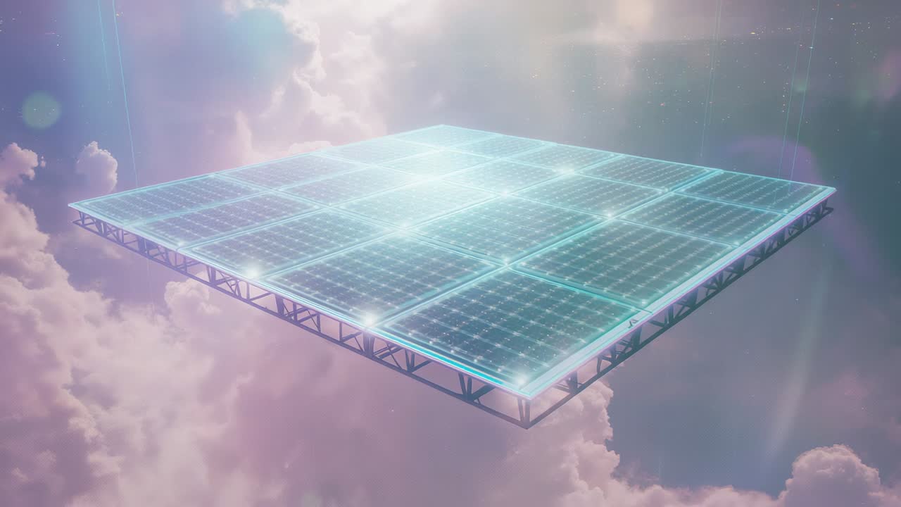 Sunbeams breaking through pastel clouds glinting on 16-module solar panel array, pulsing blue trims