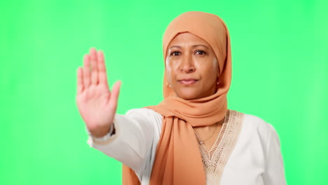 green screen, hand and stop by muslim woman face