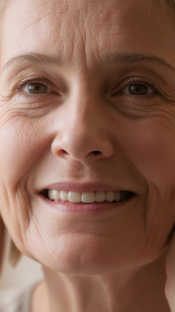 Vertical video: Camera focusing on woman in bright room smiling adjusting scarf cradling chin