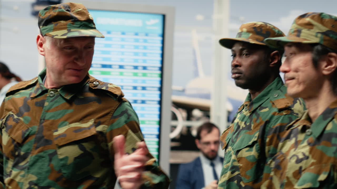 Camminata, viaggi internazionali e squadra militare multietnica che parla in aeroporto