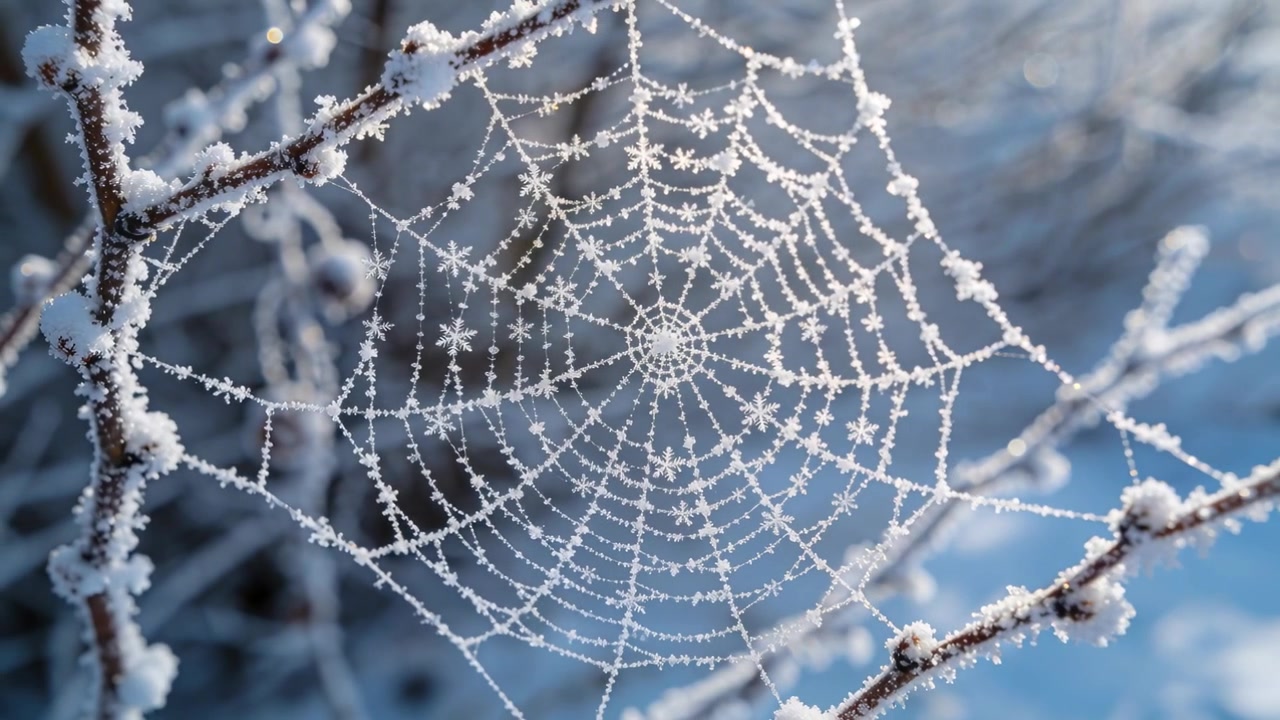 Ragnatela circolare ghiacciata che ondeggia nella neve, una leggera brezza che tira i rami sottili, cristalli che scintillano