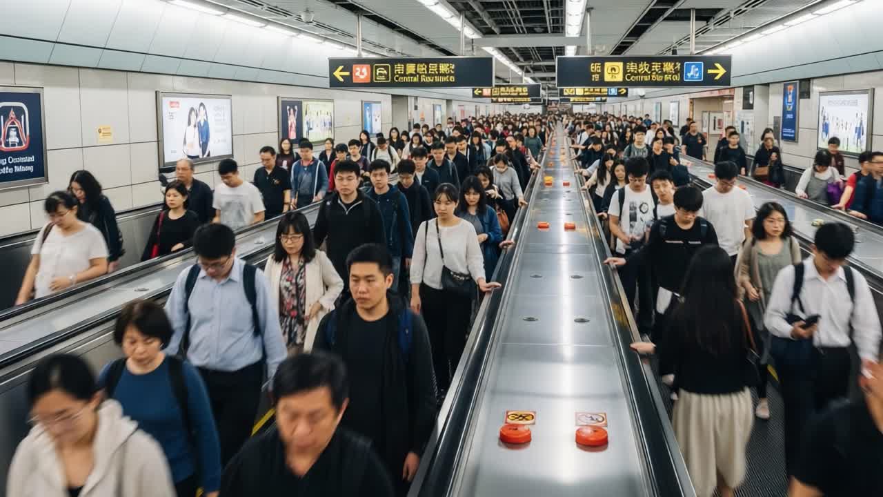 Busy Commuters on Moving Walkways in a Taipei Metro Station