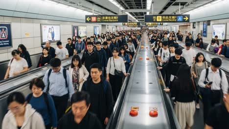 busy commuters on moving walkways in a taipei metro station