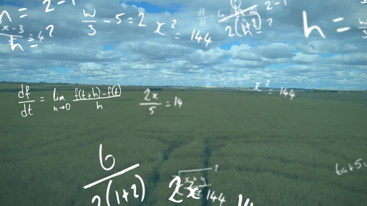 Green crop field stretching to horizon in flat design, floating white math formulas across scene