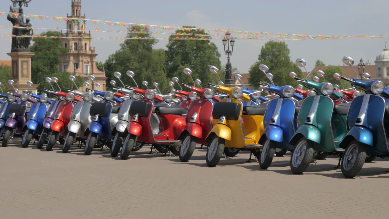 Vista de baixo ângulo de longas fileiras diagonais de scooters retrô estacionadas em uma praça urbana pavimentada, cavaletes abaixados, ângulos de direção ligeiros e espaçamento repetido criando um padrão vívido sob a luz do dia brilhante.