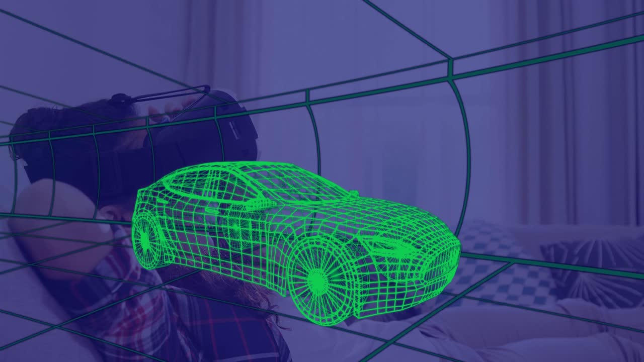 animación de dibujo técnico 3d de un coche, sobre una mujer en casa con auriculares vr