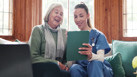 caregiver, tablet and video call with woman