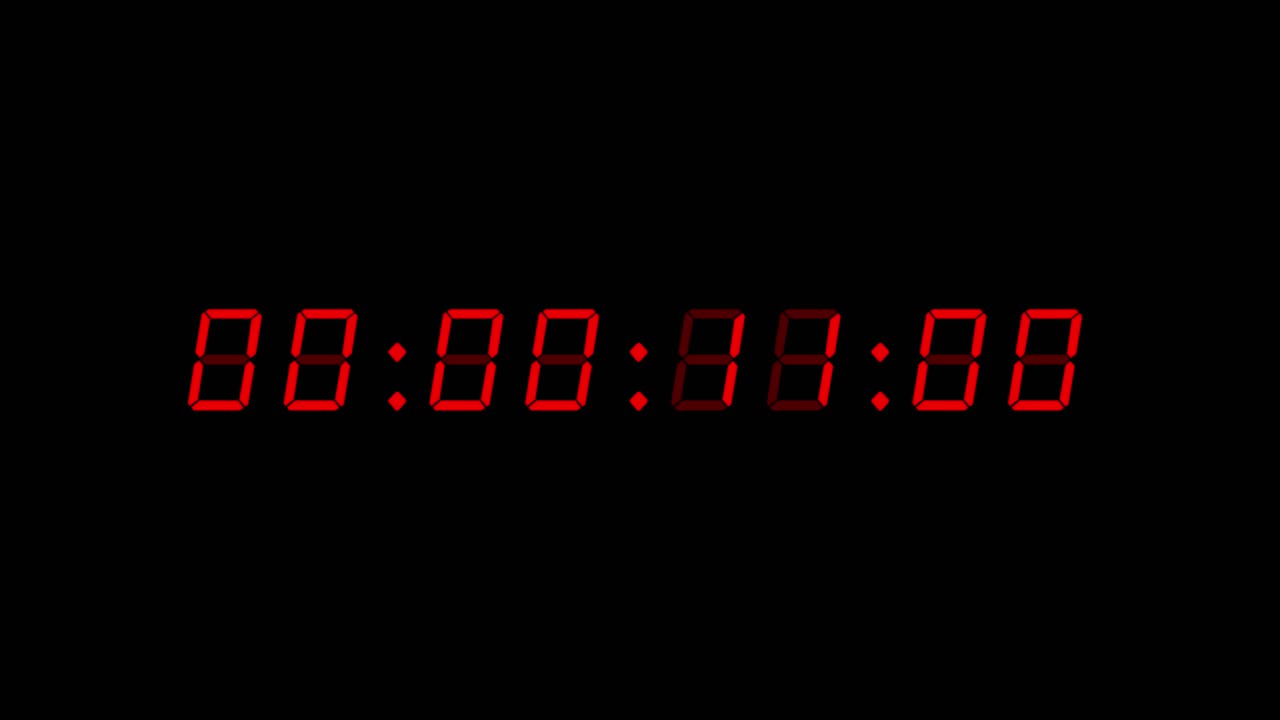 8-digits 60 seconds (1 minute) digital clock count-up timer. Red digits on black color background. Retro digital alarm clock