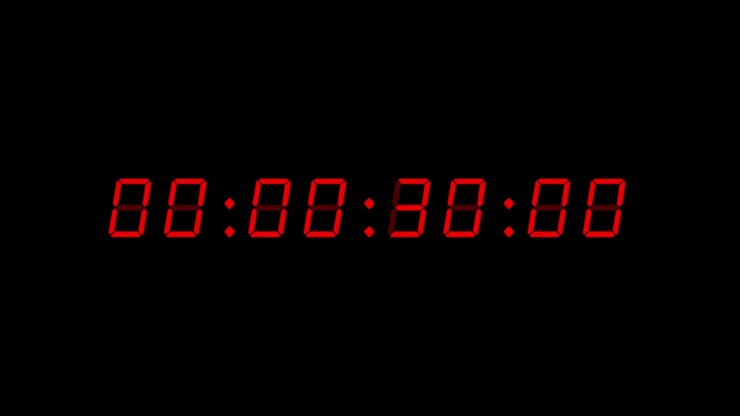 8-digits 60 seconds (1 minute) digital clock count-up timer. Red digits on black color background. Retro digital alarm clock