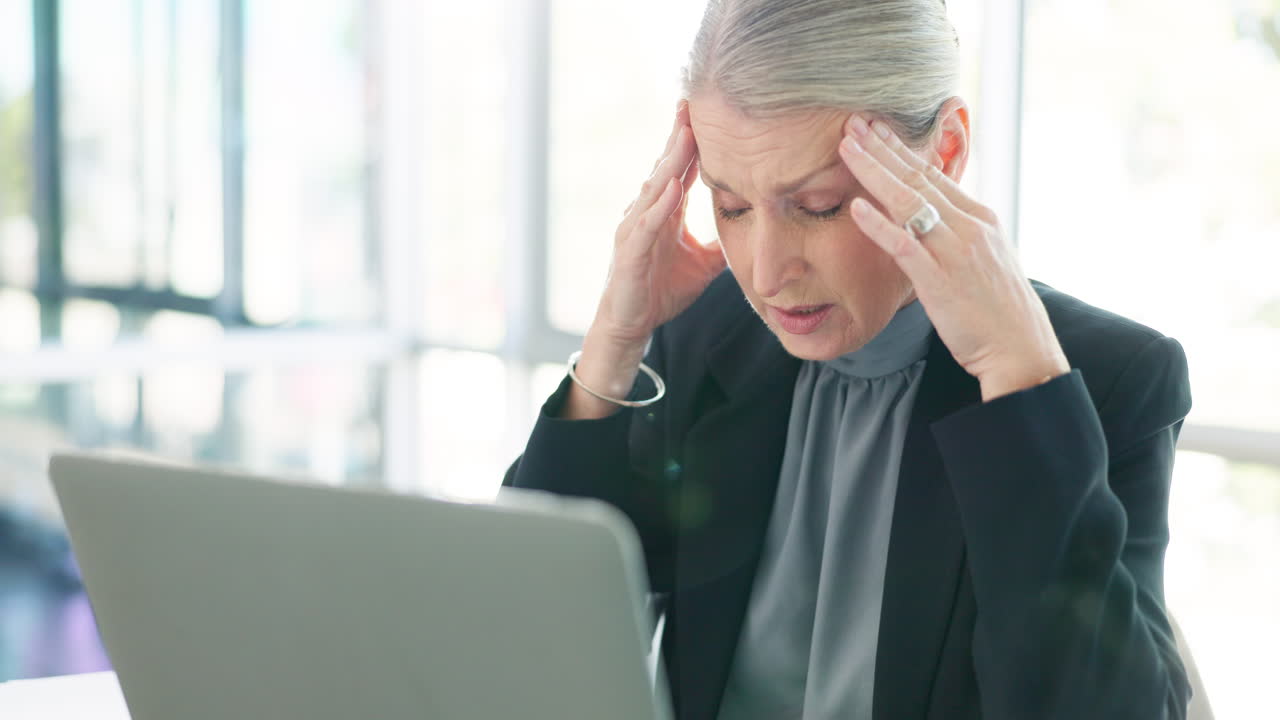 Laptop, stress or headache pain for woman