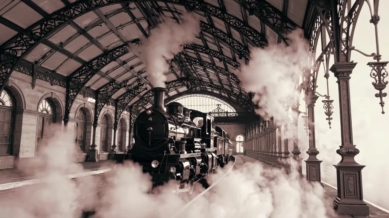 Inquadratura video in stile vintage di un treno a vapore in una stazione, catturata da una bassa angolazione