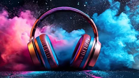 a pair of headphones with a blue and red design are placed on a table. the headphones are surrounded by a cloud of smoke, giving the impression of a futuristic or sci-fi setting