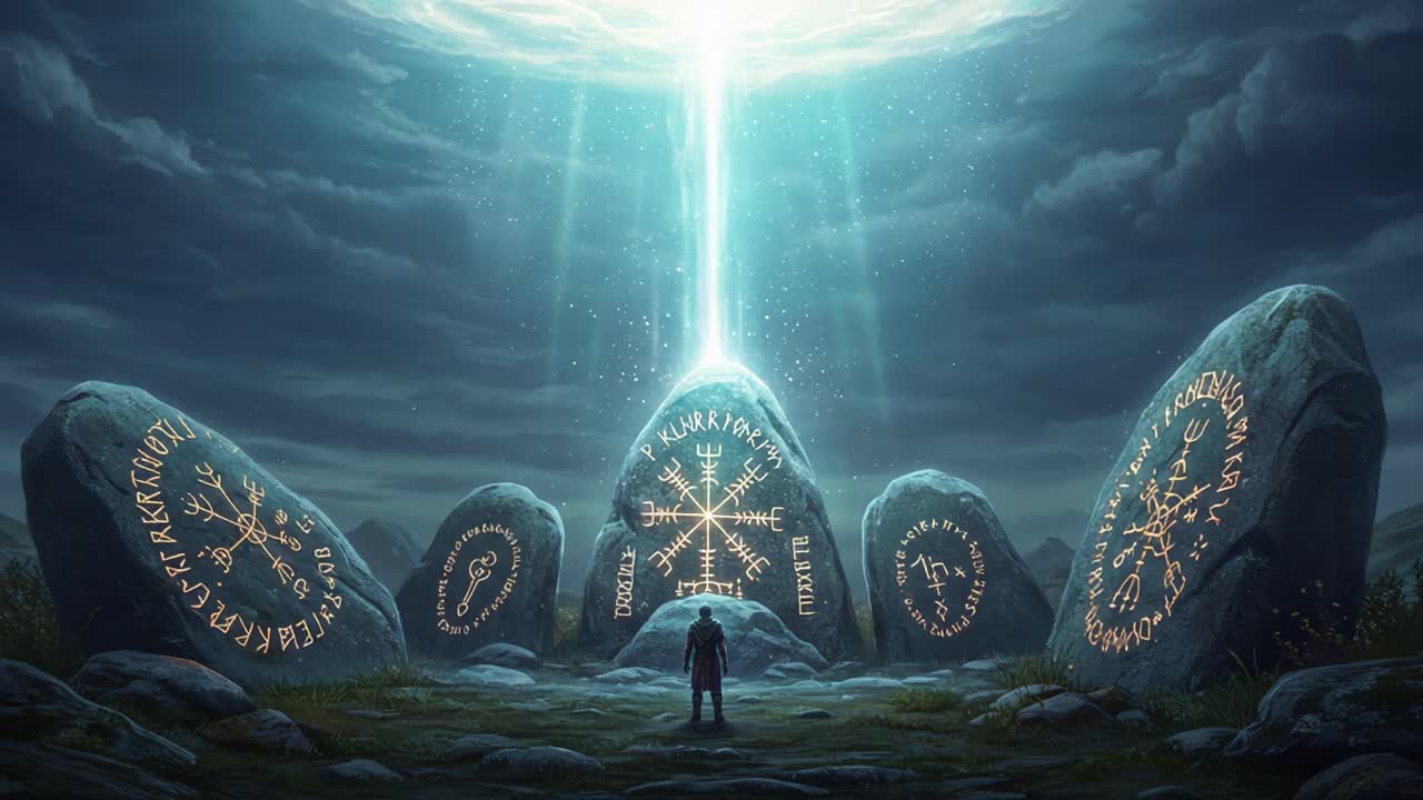 A Mystical Encounter: A Figure Stands in Awe Beneath a Celestial Beam of Light Descending upon Ancient Rune Stones in a Dramatic and Enigmatic Landscape