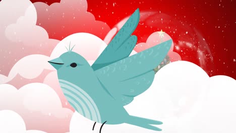 animation of bird icon over snow and snow globe with christmas tree on red background