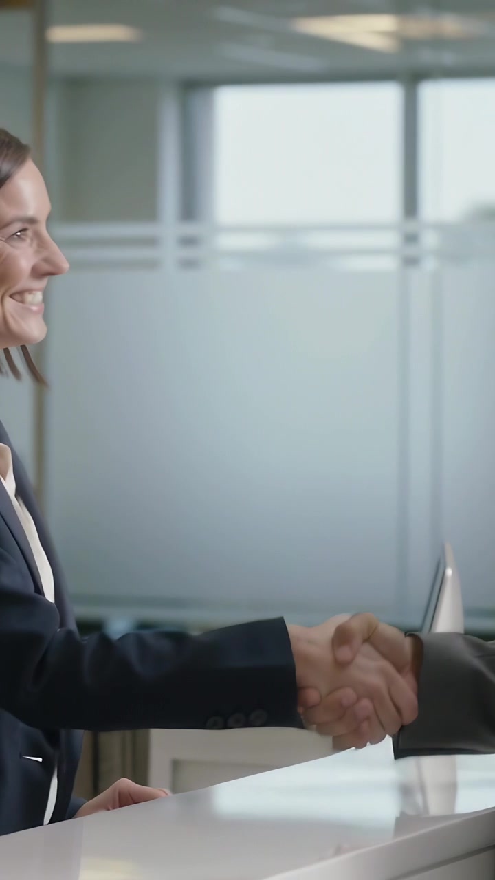 Vertikal video: Imødekommende receptionist i blazer giver hånd til gæst, der ankommer til skrivebordet, med plads til tekst.
