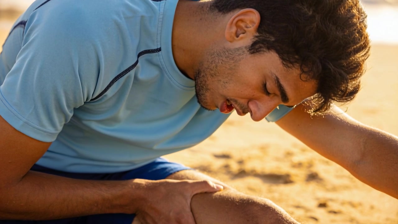 Hombre con camisa azul claro agarrándose e inclinándose por dolor en la rodilla derecha en una playa de arena, con un dispositivo en la muñeca.