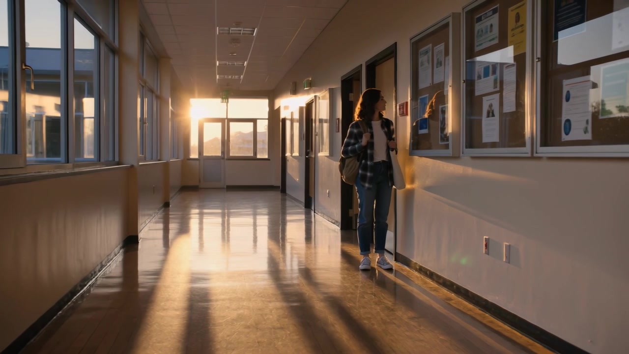 Studente in flanella che cammina si ferma dopo aver visto un volantino e letto una bacheca nell'atrio della scuola, spazio per il testo.