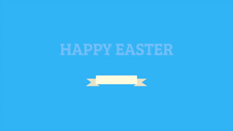 cheerful easter greeting on blue background with white text and ribbon