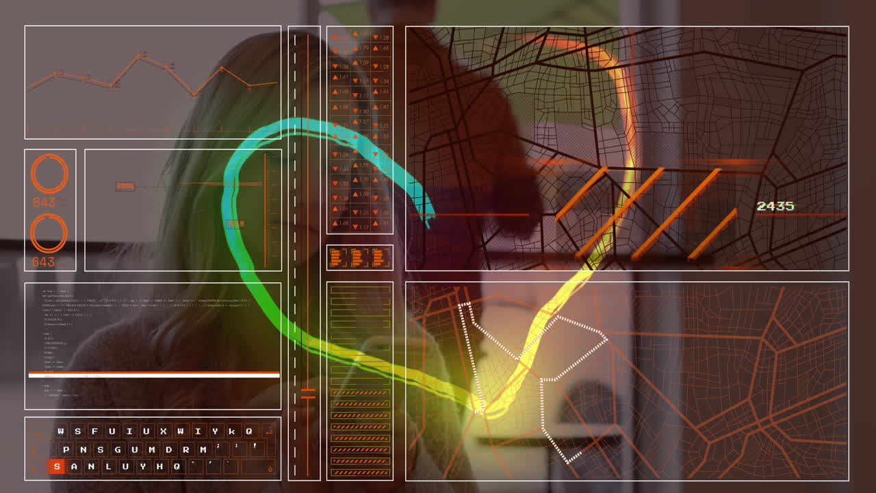 Coworkers working in tech office, showing AR map panels, route overlays, line charts, gauge data