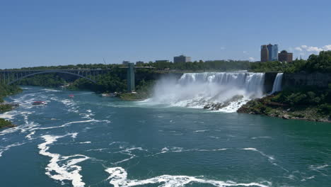 landscape of waterfall and bridge, sunny day