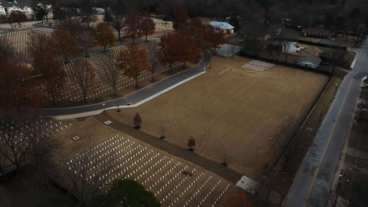High aerial shot of Fayetteville historical National Cemetery in Arkansas, USA