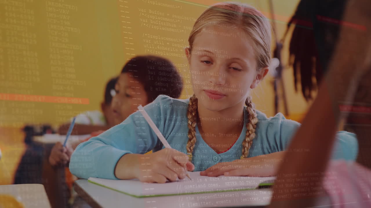 Students writing in notebooks with pencils in school classroom, animated icons floating above desks