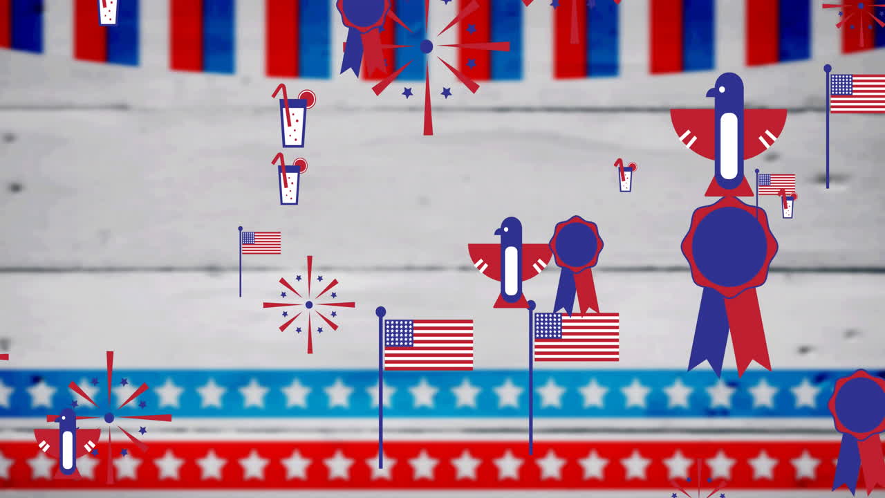 Animation of icons coloured in american flag over stars and stripes background
