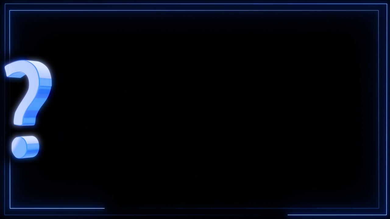 Neon quiz question overlay with large blue question mark glowing rectangular frame and black empty