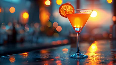 orange cocktail on a bar counter with bokeh lights