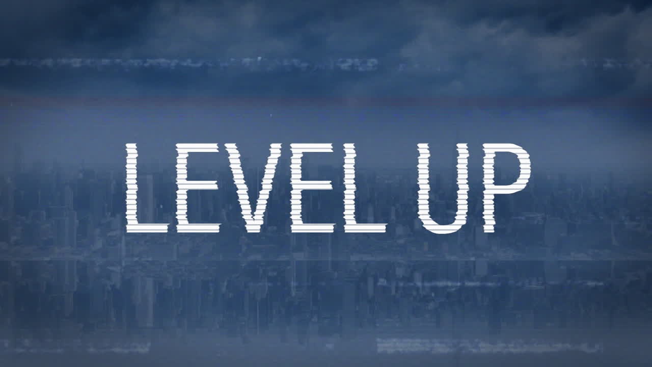 하늘과 도시 풍경의 오래된 영화에 대한 간섭과 함께 색으로 레벨 업 텍스트의 애니메이션