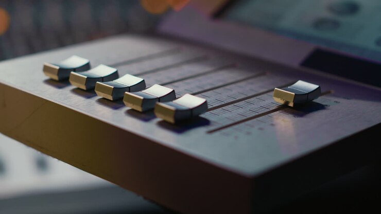 Ingegnere del suono che opera su controller di faders motorizzati in uno studio professionale