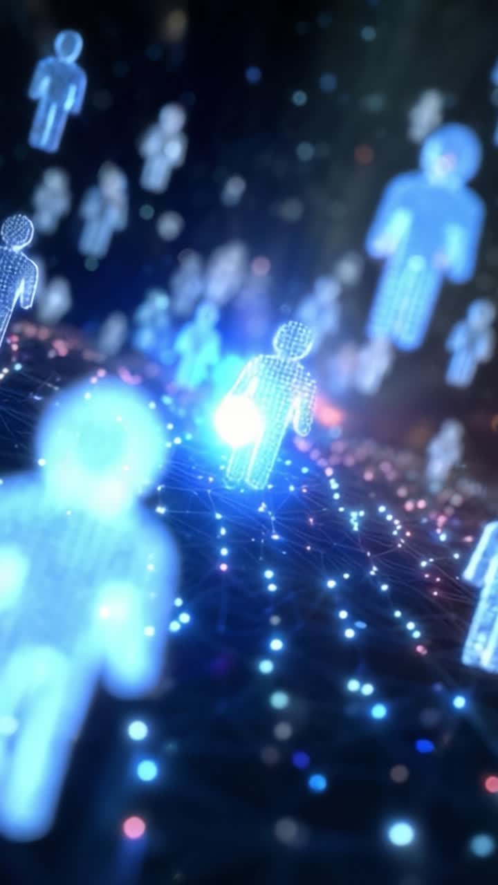 A Digital Network of Abstract Human Figures Representing Connectivity and Virtual Interactions in a Futuristic Space with Glowing Lights and 3D Elements