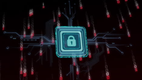 animation of data processing over padlock icon with computer circuit board on black background