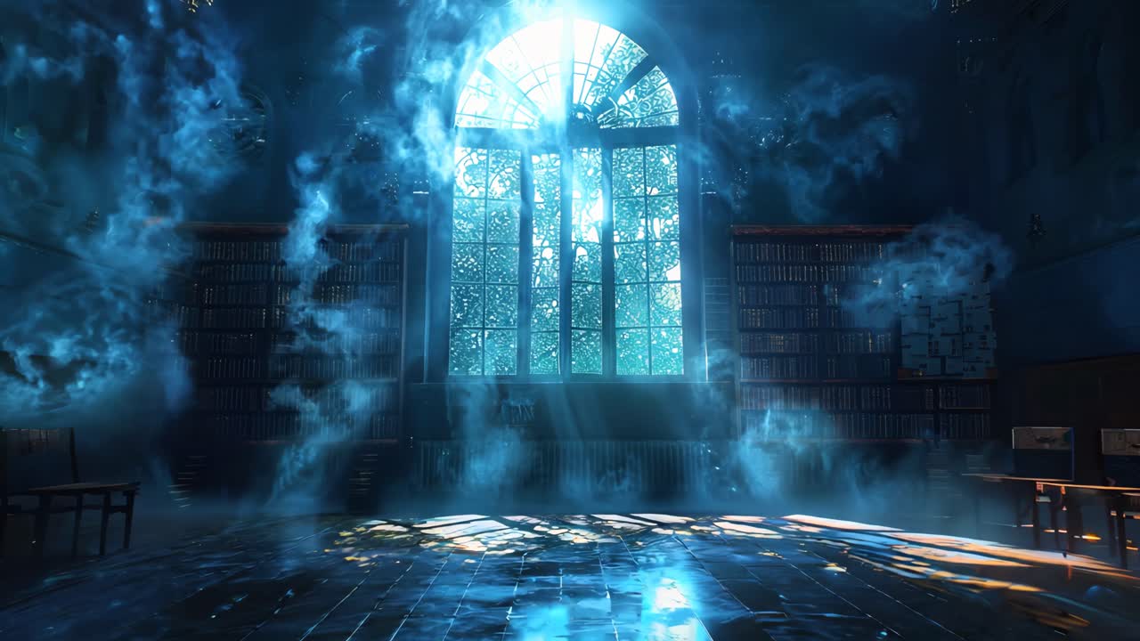 A room with a window and a blue fog. The room is empty and the fog is coming from the window