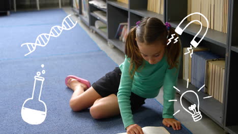 animation of science icons over caucasian schoolgirl reading in library