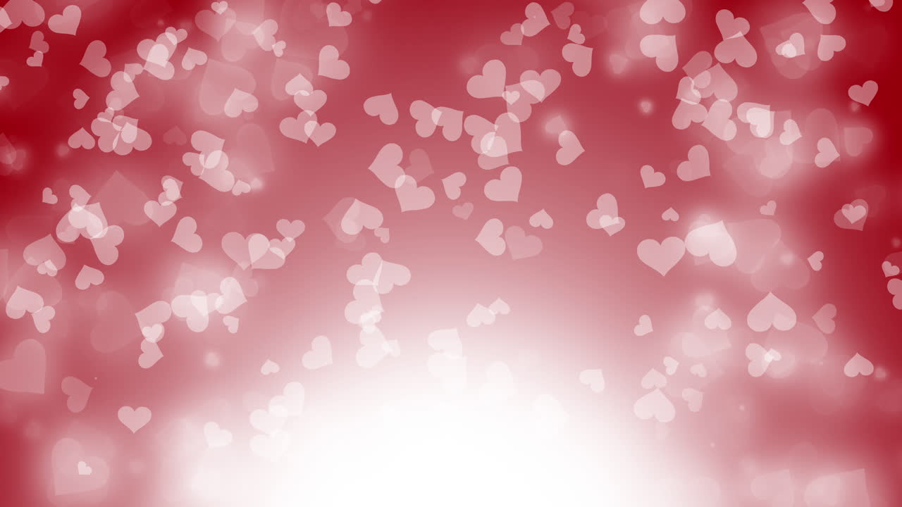 Blurred romantic red background with white flying hearts. Looped motion graphics. Wedding love animation with empty space for text.
