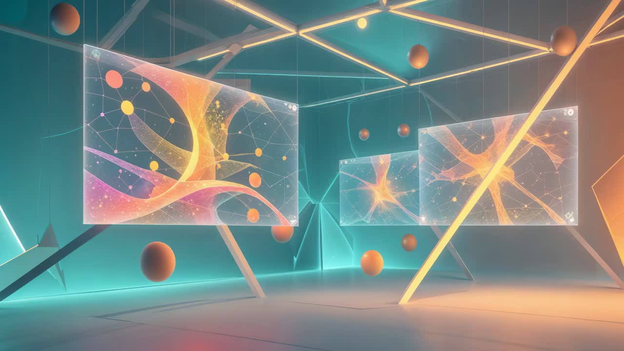 Abstract Art Installation with Glowing Screens and Spheres