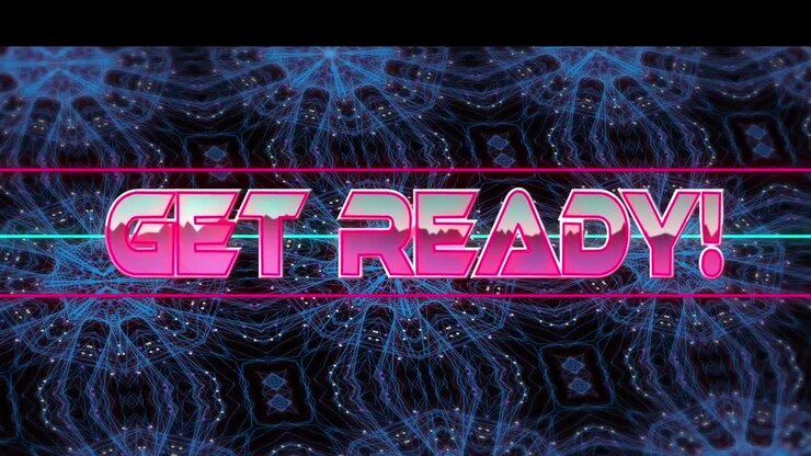 Animation of get ready text over blue kaleidoscopic shapes on black background