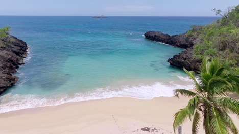 Tropical-sand-beach-bay,-Caribbean-ocean-waves-and-palm-tree,-static-wide-shot