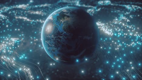 a rotating globe in optical fiber clouds transmitting signals throughout the universe in space. the concept of disseminating information in the world and space. seamless loop 3d render